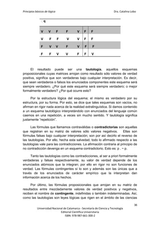 Principios básicos de lógica Dra. Catalina Lobo
36
Universidad Nacional de Catamarca - Secretaría de Ciencia y Tecnología
Editorial Científica Universitaria
ISBN: 978-987-661-300-2
⁓
q
V V F F V F F
V F F V V F F
F V V F V F F
F F V V F F V
El resultado puede ser una tautología, aquellos esquemas
proposicionales cuyas matrices arrojan como resultado sólo valores de verdad
positiva, significa que son verdaderas bajo cualquier interpretación. Es decir,
que sean verdaderos o falsos los enunciados componentes este esquema será
siempre verdadero. ¿Por qué este esquema será siempre verdadero; o mejor
formalmente verdadero? ¿Por qué ocurre esto?
Por la estructura lógica del esquema; el mismo es verdadero por su
estructura, por su forma. Por esto, se dice que tales esquemas son vacíos, no
afirman en rigor nada acerca de la realidad extralinguística. Si damos contenido
a un esquema tautológico interpretándolo con enunciados del lenguaje común
caemos en una repetición, a veces sin mucho sentido. Y tautología significa
justamente “repetición”.
Las fórmulas que llamamos contraválidas o contradictorias son aquellas
que registran en su matriz de valores sólo valores negativos. Ellas son
fórmulas falsas bajo cualquier interpretación; son por así decirlo el reverso de
las tautologías. Por ello, hecha esta salvedad, todo lo afirmado respecto a las
tautologías vale para las contradicciones. La afirmación contraria al principio de
no contradicción devenga en un esquema contradictorio. Esto es: p . ~ p.
Tanto las tautologías como las contradicciones, al ser a priori formalmente
verdaderas y falsas respectivamente, su valor de verdad depende de los
enunciados atómicos que la integran; por ello en rigor no son funciones de
verdad. Las fórmulas contingentes sí lo son y además son las únicas que a
través de los enunciados de carácter empírico que la interpretan dan
información acerca de los hechos.
Por último, las fórmulas proposicionales que arrojan en su matriz de
resultados entre mezcladamente valores de verdad positivos y negativos,
reciben el nombre de contingente, indefinidas o también indeterminadas. Así,
como las tautologías son leyes lógicas que rigen en el ámbito de las ciencias
 