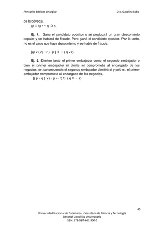 Principios básicos de lógica Dra. Catalina Lobo
45
Universidad Nacional de Catamarca - Secretaría de Ciencia y Tecnología
Editorial Científica Universitaria
ISBN: 978-987-661-300-2
de la bóveda.
(p  q) • ~ q Ɔ p
Ej. 4. Gana el candidato opositor o se producirá un gran descontento
popular y se hablará de fraude. Pero ganó el candidato opositor. Por lo tanto,
no es el caso que haya descontento y se hable de fraude.
[(p v ( q • r ) . p ] Ɔ ~ ( q v r)
Ej. 5. Dimiten tanto el primer embajador como el segundo embajador o
bien el primer embajador ni dimite ni compromete al encargado de los
negocios; en consecuencia el segundo embajador dimitirá sí y sólo sí, el primer
embajador compromete al encargado de los negocios.
[( p • q ) v (~ p •~ r] Ɔ ( q ≡ ~ r)
 