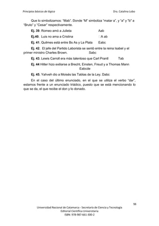 Principios básicos de lógica Dra. Catalina Lobo
56
Universidad Nacional de Catamarca - Secretaría de Ciencia y Tecnología
Editorial Científica Universitaria
ISBN: 978-987-661-300-2
Que lo simbolizamos: “Mab”. Donde “M” simboliza “matar a”, y “a" y "b" a
“Bruto” y “Cesar” respectivamente.
Ej. 39. Romeo amó a Julieta Aab
Ej.40. Luis no ama a Cristina ⁓
A ab
Ej. 41. Quilmes está entre Bs As y La Plata Eabc
Ej. 42. El jefe del Partido Laborista se sentó entre la reina Isabel y el
primer ministro Charles Brown. Sabc
Ej. 43. Lewis Carroll era más talentoso que Carl Prantl Tab
Ej. 44 Hitler hizo exiliarse a Brecht, Einsten, Freud y a Thomas Mann
Eabcde
Ej. 45. Yahveh dio a Moisés las Tablas de la Ley. Dabc
En el caso del último enunciado, en el que se utiliza el verbo “dar”,
estamos frente a un enunciado triádico, puesto que se está mencionando lo
que se da, el que recibe el don y lo donado.
 