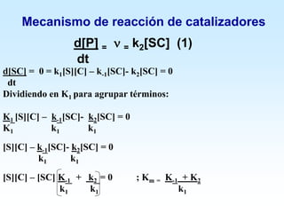 Mecanismo de reacción de catalizadores
d[P] =  = k2[SC] (1)
dt
d[SC] = 0 = k1[S][C] – k-1[SC]- k2[SC] = 0
dt
Dividiendo en K1 para agrupar términos:
K1 [S][C] – k-1[SC]- k2[SC] = 0
K1 k1 k1
[S][C] – k-1[SC]- k2[SC] = 0
k1 k1
[S][C] – [SC] K-1 + k2 = 0 ; Km = K-1 + K2
k1 k1 k1
 