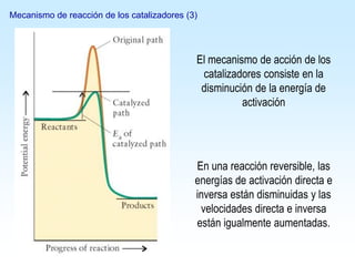 El mecanismo de acción de los
catalizadores consiste en la
disminución de la energía de
activación
En una reacción reversible, las
energías de activación directa e
inversa están disminuidas y las
velocidades directa e inversa
están igualmente aumentadas.
Mecanismo de reacción de los catalizadores (3)
 