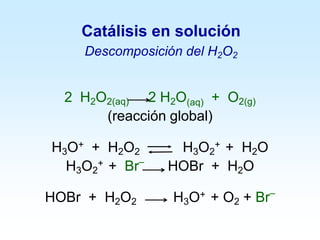 Catálisis en solución
Descomposición del H2O2
2 H2O2(aq)  2 H2O(aq) + O2(g)
(reacción global)
H3O+ + H2O2  H3O2
+ + H2O
H3O2
+ + Br–
HOBr + H2O
HOBr + H2O2 H3O+ + O2 + Br–
 