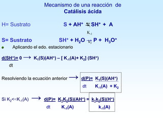 Mecanismo de una reacción de
Catálisis ácida
H= Sustrato S + AH+  SH+ + A
S= Sustrato SH+ + H2O → P + H3O+
Aplicando el edo. estacionario
d(SH+)= 0 → K1(S)(AH+) – [ K-1(A)+ K2] (SH+)
dt
Resolviendo la ecuación anterior → d(P)= K1(S)(AH+)
dt K-1(A) + K2
Si K2<<K-1(A) → d(P)= K1K2(S)(AH+) = k1k2(S)(H+)
dt K-1(A) k-1(A)
k1
K-1
k2
 