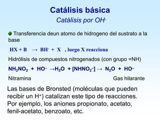 Transferencia deun atomo de hidrogeno del sustrato a la
base
HX + B → BH- + X , luego X reacciona
Hidrólisis de compuestos nitrogenados (con grupo =NH)
NH2NO2 + HO– →H2O + [NHNO2
–] → N2O + HO–
Nitramina Gas hilarante
Las bases de Bronsted (moléculas que pueden
recibir un H+) catalizan este tipo de reacciones.
Por ejemplo, los aniones propionato, acetato,
fenil-acetato, benzoato, etc.
Catálisis básica
Catálisis por OH-
 