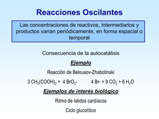 Reacciones Oscilantes
Consecuencia de la autocatálisis
Ejemplo
Reacción de Belousov-Zhabotinski
3 CH2(COOH)2 + 4 BrO3- 4 Br- + 9 CO2 + 6 H2O
Ejemplos de interés biológico
Ritmo de latidos cardíacos
Ciclo glucolítico
Las concentraciones de reactivos, intermediarios y
productos varían periódicamente, en forma espacial o
temporal
 