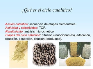 ¿Qué es el ciclo catalítico?
Acción catalítica: secuencia de etapas elementales.
Actividad y selectividad: TOF.
Rendimiento: análisis microcinético.
Etapas del ciclo catalítico: difusión (reaccionantes), adsorción,
reacción, desorción, difusión (productos).
 