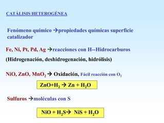 CATÁLISIS HETEROGÉNEA
Fenómeno químico propiedades químicas superficie
catalizador
Fe, Ni, Pt, Pd, Ag reacciones con H--Hidrocarburos
(Hidrogenación, deshidrogenación, hidrólisis)
NiO, ZnO, MnO2  Oxidación, Fácil reacción con O2
ZnO+H2  Zn + H2O
Sulfuros moléculas con S
NiO + H2S NiS + H2O
 