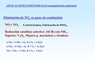 Eliminación de NOx en gases de combustión
APLICACIONES INDUSTRIALES-contaminación ambiental
NO y NO2 Central térmica, Fabricación de HNO3,
Reducción catalítica selectiva (SCR) con NH3 .
Soporte: V2O5. Mejora p. mecánicas y térmicas
4 NO + 4 NH3 + O2  4 N2 + 6 H2O
6 NO2 + 8 NH3 + O2  7 N2 + 12 H2O
NO + NO2 + 2 NH3  2 N2 + 3 H2O
 