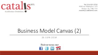 Business Model Canvas (2)
26 JUIN 2014
Tel: 514-521-5733
4080,rue Wellington -310
Verdun, Qc, H4G 1V4
reussir@catalismtl.com
Suivez-nous sur
 