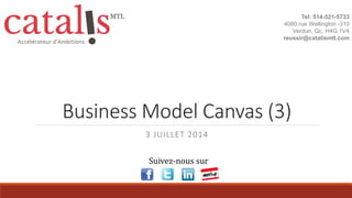 Business Model Canvas (3)
3 JUILLET 2014
Tel: 514-521-5733
4080,rue Wellington -310
Verdun, Qc, H4G 1V4
reussir@catalismtl.com
Suivez-nous sur
 
