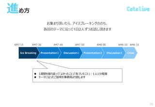 進め方
お集まり頂いたら、アイスブレーキングののち、
各回のテーマに沿って1日2人ずつお話し頂きます
16
AM7:15 AM7:30 AM7:40 AM7:50 AM8:00 AM8:10 AM8:15
Ice Breaking Presentation① Discussion① Presentation② Discussion② Close
 1週間を振り返って「よかったこと」「気づいたこと」：1人1分程度
 テーマに沿ったご説明を事務局より致します
 