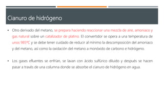 Cianuro de hidrógeno
• Otro derivado del metano, se prepara haciendo reaccionar una mezcla de aire, amoniaco y
gas natural sobre un catalizador de platino. El convertidor se opera a una temperatura de
unos 985ºC y se debe tener cuidado de reducir al mínimo la descomposición del amoniaco
y del metano, así como la oxidación del metano a monóxido de carbono e hidrógeno.
• Los gases efluentes se enfrían, se lavan con ácido sulfúrico diluido y después se hacen
pasar a través de una columna donde se absorbe el cianuro de hidrógeno en agua.
 