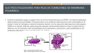 ELECTROCATALIZADORES PARA PILAS DE COMBUSTIBLE DE MEMBRANA
POLIMÉRICA
 El electrocatalizador juega un papel crítico en el funcionamiento de una PEMFC. Un electrocatalizador
debe proporcionar actividades intrínsecas altas en la oxidación electroquímica del combustible en el
ánodo, si este es hidrógeno o alcohol (metanol, etanol), y en la reducción electroquímica del oxígeno
(ORR) en el cátodo. Además, debe presentar elevada conductividad eléctrica, buen contacto físico y
eléctrico con el ionómero, fácil accesibilidad de los reactantes y productos, y alta estabilidad en los
ambientes altamente corrosivos del medio de trabajo.
 