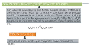 CATALIZADORES AISLANTES (OXIDOS METALICOS AISLANTES)
Son aquellos catalizadores que tienen cuerpos iónicos cristalinos o
amorfos sin carga móvil de su masa y dan lugar en el proceso
catalítico a intermediarios tipo ion carbonio. Tiene centros ácidos y
bases en la superficie. Por ejemplo tenemos Al2O3, SiO3- Al2O3, MgO.
En general se usan para proceso de alquilación, craqueo, isomeracion,
etc.
𝐶6 𝐻5 𝐶𝑙 + 𝐻2 𝑂 → 𝐶6 𝐻5 𝑂𝐻 + 𝐻2 𝑂
SiO2
ZEOLITA (SiO3- Al2O3)
estos son alumino-silicatos y se comportan como catalizadores
ácidos.
 