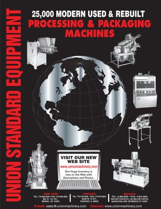 UNION STANDARD EQUIPMENT   25,000 MODERN USED & REBUILT
                           PROCESSING & PACKAGING
                                  MACHINES




                                                        VISIT OUR NEW
                                                           WEB SITE
                                                        www.unionmachinery.com
                                                            Our Huge Inventory is
                                                            now on the Web with
                                                           Descriptions and Photos.




                                      NEW YORK                                CHICAGO                                    MEXICO
                           TEL: 718-585-0200 • FAX: 718-993-2650   TEL: 773-376-5400 • FAX: 773-376-0634    TEL: 5-300-3033 • FAX: 5-301-2934
                                     801 E. 141 ST.,                         4248 W. 47 ST.,               SAN LUIS TLATILCO 6-A, COL SAN LUIS TLATILCO
                                    BRONX., NY 10454                       CHICAGO, IL 60632               NAUCALPAN, EDO. DE MEXICO C.P. 53370

                            E-mail: sales@unionmachinery.com                          Internet: www.unionmachinery.com
 