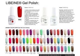 LIBEINE® Gel Polish:
Volume: 15ml/0.5 fl.oz Volume: 15ml/0.5 fl.oz
1. Applies just like traditional nail polish,
wears like gel with a mirror-like shine.
Dry in seconds
2. Cure it under LED/UV lamp light
3. Stays on nails for 3 weeks without
chipping or fading. Nails will look
flawless for weeks and stay as perfect
as day one
4. Easy On and easy off. Soaks off in
15 Minutes
5. Healthier, formaldehyde free, low-
odor formula, no toxic chemicals
6. Intensely pigmented shades of color,
excellent viscosity that won’t flood
cuticles or shrink after curing
Top Coat: LIBEINE® Gel Nail Polish
Top Coat adds more shine and
protection for your nail manicure! You
can cure it in the UV/LED Lamp. 2
minutes in the UV lamp and 20 seconds
in the LED lamp. You will enjoy the
most beautiful nail at home or salon
with our best top coats for nail for sure !
Base Coat:LIBEINE® Gel Nail Polish
Base Coat. Cure it in the UV/LED
Lamp. 2 minutes in the UV lamp and 20
seconds in the LED lamp. Removes
with Soak-Off Gel Remover.
LIBEINE® COLOR CHART(Total 100 Color Shades):
 