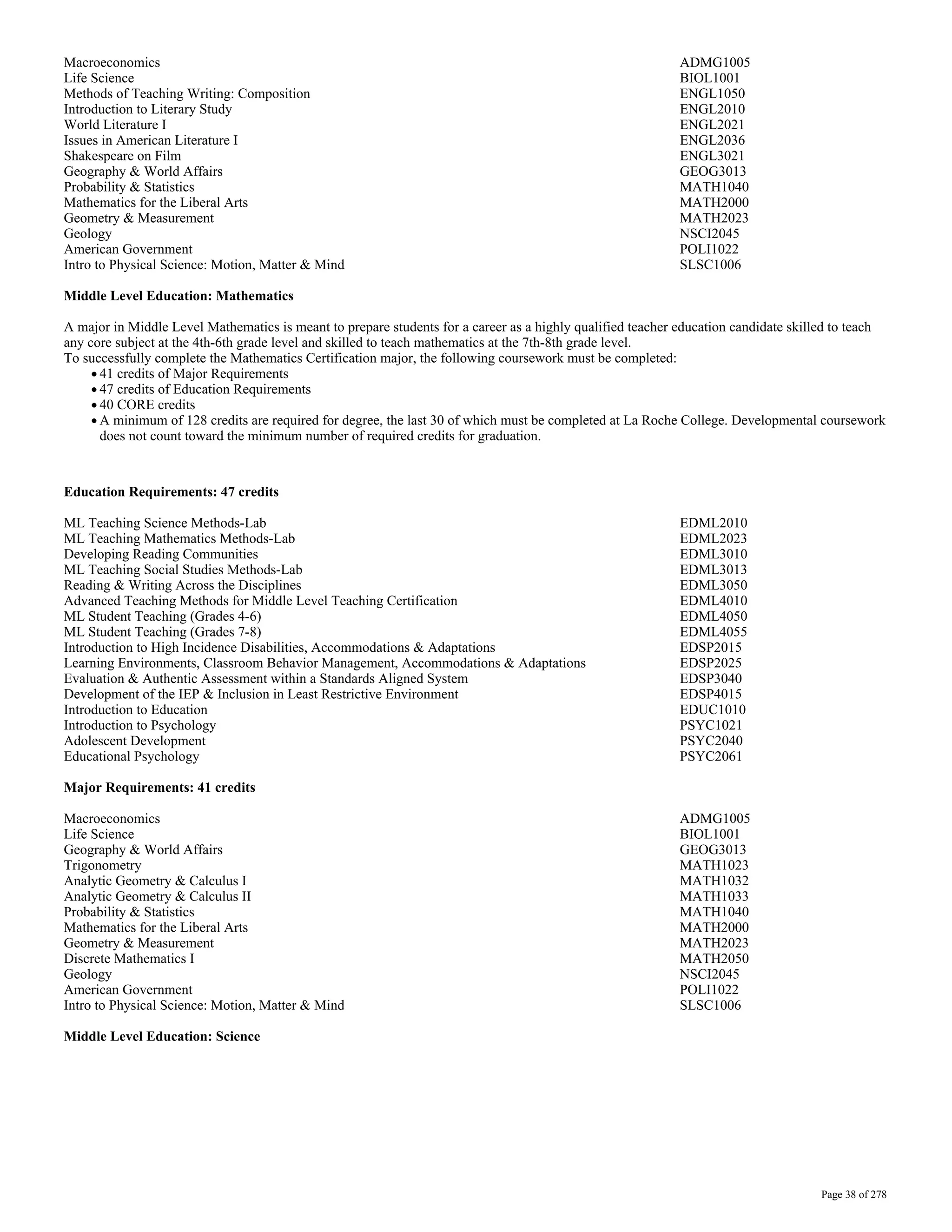 La Roche Catalog 201516 PDF Undergraduate Education College