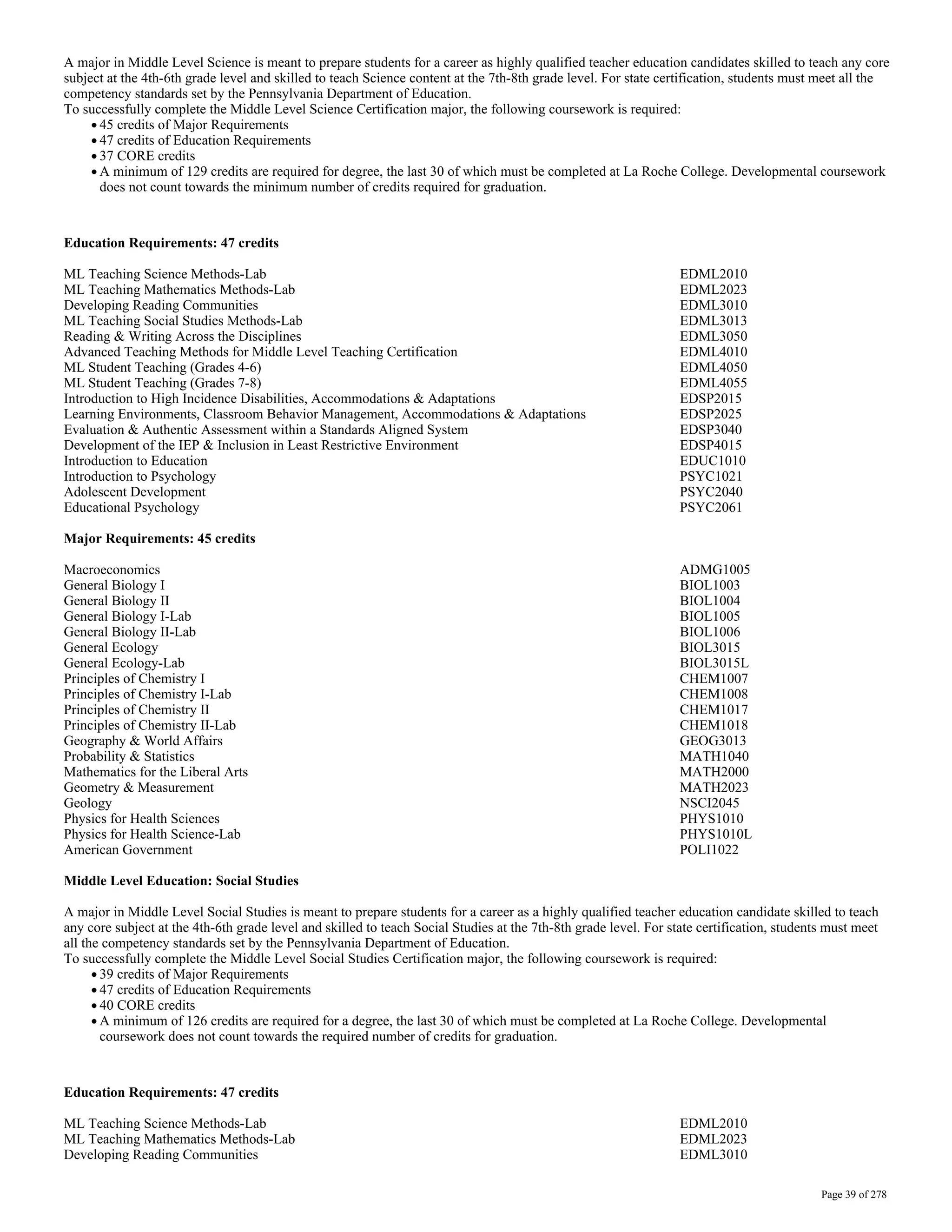 La Roche Catalog 201516 PDF Undergraduate Education College