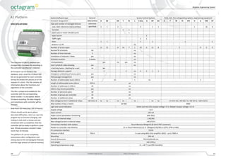 Modular Engineering System
10 info@octagram.eu http://octagram.eu 11
А1 Platform System/software type General
data (unless
otherwise
specified)
Access Control Systems FAAS, ACS, fire-extinguishing system, engineering equipment
Firmware designation D DS DD T TC L C (CL) G DP DU S F SF FE SFE H U DM HT
Type and number of managed devices:
Lock, latch, electronic lock scutcheon 1 1 2 2 1 1 1 32 4
Turnstile 1 1
Card capture reader (Reader post) 1
Gate, barrier 2
Traffic light 2 2
Siren 1 1 1 1 1 1
Buttons in a lift 22
Number of access types 11 11 8 10 7 1 10 6 11 8 3 9 3 3
Number of schedules 64 no
Number of time Intervals 3 no
Limitations of intervals / dates yes no
Schedule duration 4 weeks no
«Antipassback» yes no yes no
User’s photo & video showing yes no
«Catching hares», blocking by a card no yes
Passage detectors support 1 2 no 2 2 1 1
Emergency unblocking of access point yes no
Paid passage management yes no
Number of addressable buses LMicro 2 no 1 no 1
Length of addressable buses LMicro 350 m no
Number of addresses in LMicro 32 no
LMicro ring circuits possibility yes no
Number of set/unset poins 32 no
Number of groups per controller 32 no
Number of additional relays 68 no
Max voltage/current in additional relays +60 V/3,5 А no no no no no no no +5 V/15 mА; +60 V/0,7 А; +60 V/4 А; ~220 V/10 А
Max number of keys / events 64 000 4000
Light and sound indication Green and red LEDs (output voltage +5 V). Beeper (output voltage +12 V)
Supply voltage +12 V
Input current 100 mА
Power source parameters monitoring with APS1
Number of internal relays 2 NC/NO
Max voltage/current in internal relays +60 V/10 А
Connection interface with readers Touch Memory/Wiegand-26 (with TWT converter)
Reader-to-controller max distance 15 m (Touch Memory)/115 m (Wiegand-26)/465 m (DTR, DTW и EMR)
PC connection interface TCP/IP
Distance of LBUS 700 m In case using MA1 (line amplifier LBUS) - up to 7000 m
Mounting DIN rail
Overall dimensions 95(145)x90x48 mm
Unit weight 160 (195) g
Operating temperature range +5…+40 °C (up 90% humidity)
SPECIFICATIONS
The functions of the A1 platform are
changed after firmware file recording to
the controller via Ethernet / Internet.
All firmware can be stored in the
database, and a small file of about 100
KB can be generated for each controller
during the production process or at the
request of a client. This file contains all
information about the functions and
algorithms of the controller.
This file is unique and suitable for the
controller with the corresponding
serial number. It is encrypted. Before
firmware recording, the data integrity
and compliance with controller will be
checked.
Now there are more than 100 firmwares.
Clients should not be worry about
described difficulties; client can start the
program for A1 function changing, and
making 3 clicks with a mouse and one
movement with a screwdriver. And the
controller will be ready to perform a new
task. Whole procedure shouldn’t takes
more than 10 minutes.
The platform A1 can be completely
autonomous after configuration and
startup due to the microprogram features
and the large amount of internal memory.
 