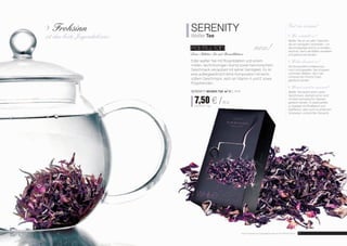 SERENITY 
Weißer Tee 
Pai Mu Tan neu! 
Loser-Blätter-Tee mit Rosenblättern 
Edler weißer Tee mit Rosenblättern und einem 
milden, leicht blumigen Aroma sowie harmonischem 
Geschmack verzaubert mit seiner Samtigkeit. Es ist 
eine außergewöhnlich feine Komposition mit leicht 
süßem Geschmack, reich an Vitamin A und E sowie 
Polyphenolen. 
serenity Weißer TEE FM | ah4 
7,50 € / 30 g 
250,00 € / 1 kg 
Frohsinn 
ist das beste Jugendelixier. 
Gut zu wissen! 
Wie entsteht er? 
Weißer Tee ist von allen Teesorten 
die am wenigsten verarbeitet – um 
das einzigartige Aroma zu erhalten, 
reicht es, wenn die Blätter verwelken 
und getrocknet werden. 
Woher kommt er? 
Die Komposition entstand aus 
noch nicht gereiften Tee-Knospen 
und ersten Blättern, die in der 
chinesischen Provinz Fujian 
gepflückt werden. 
Womit wird er serviert? 
Weißer Tee besitzt einen zarten 
Geschmack, deshalb soll er nicht 
mit stark aromatischen Speisen 
gereicht werden. Er passt perfekt 
zu Speisen mit Rindfleisch und 
Kalbfleisch, aber auch zu einfachen 
Vorspeisen und leichten Desserts. 
4 Aurile Produkte sind Originalprodukte von FM GROUP World. 5 
 