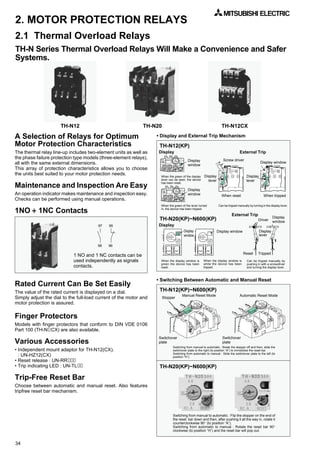 34
2. MOTOR PROTECTION RELAYS
2.1 Thermal Overload Relays
TH-N Series Thermal Overload Relays Will Make a Convenience and Safer
Systems.
TH-N12 TH-N20 TH-N12CX
A Selection of Relays for Optimum
Motor Protection Characteristics
The thermal relay line-up includes two-element units as well as
the phase failure protection type models (three-element relays),
all with the same external dimensions.
This array of protection characteristics allows you to choose
the units best suited to your motor protection needs.
Maintenance and Inspection Are Easy
An operation indicator makes maintenance and inspection easy.
Checks can be performed using manual operations.
1NO11NC Contacts
• Display and External Trip Mechanism
1 NO and 1 NC contacts can be
used independently as signals
contacts.
Rated Current Can Be Set Easily
The value of the rated current is displayed on a dial.
Simply adjust the dial to the full-load current of the motor and
motor protection is assured.
Finger Protectors
Models with finger protectors that conform to DIN VDE 0106
Part 100 (TH-N CX) are also available.
Various Accessories
• Independent mount adaptor for TH-N12(CX).
: UN-HZ12(CX)
• Reset release : UN-RR
• Trip indicating LED : UN-TL
Trip-Free Reset Bar
Choose between automatic and manual reset. Also features
tripfree reset bar mechanism.
97 95
98 96
Display
When the green of the display
lever can be seen, the device
has been reset.
Display
window
Display
window
When the green of the lever turned
in, the device has been tripped.
Display
lever
Display
lever
Display window
Screw driver
External Trip
When reset When tripped
Can be tripped manually by turning in the display lever.
When the display window is
green the device has been
reset.
When the display window is
white the device has been
tripped.
Can be tripped manually by
pushing in with a screwdriver
and turning the display lever.
Display windowDisplay
window
External Trip
Driver
Display
window
Display
lever
Reset Tripped
TH-N12(KP)~N600(KP)
Switchover
plate
Switchover
plate
Automatic Reset Mode
Switching from manual to automatic : Break the stopper off and then, slide the
switchover plate to the right (to position “A”) to immobilize the reset bar.
Switching from automatic to manual : Slide the switchover plate to the left (to
position “H”).
TH-N20(KP)~N600(KP)
TH-N20(KP)~N600(KP)
Display
Manual Reset Mode
Stopper
TH-N12(KP)
• Switching Between Automatic and Manual Reset
Switching from manual to automatic : Flip the stopper on the end of
the reset bar down and then, after pushing it all the way in, rotate it
counterclockwise 90° (to position “A”).
Switching from automatic to manual : Rotate the reset bar 90°
clockwise (to position “H”) and the reset bar will pop out.
 