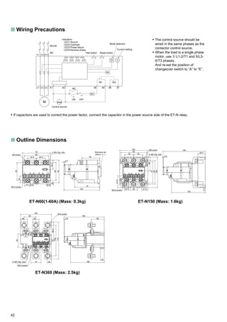 42
s Wiring Precautions
• The control source should be
wired in the same phases as the
contactor control source.
• When the load is a single phase
motor, use 1/ L1-2/T1 and 5/L3-
6/T3 phases.
And re-set the position of
changeover switch to “A” to “E”.
s Outline Dimensions
ET-N60(1-60A) (Mass: 0.3kg) ET-N150 (Mass: 1.6kg)
ET-N360 (Mass: 2.5kg)
M ~
MC
MCCB
RA
MC
Reset buttonTest button
1/L1 3/L2 5/L3
2/T1 4/T2 A1 A26/T3 96 95 98 97
ON
Control source
OFF
MC
Mode selection
Current setting
NC NO
LED1 LED2 LED3 LED4
Indicators
LED1:Source
LED2:Overload
LED3:Phase failure
LED4:Reverse phase
• If capacitors are used to correct the power factor, connect the capacitor in the power source side of the ET-N relay.
100
97989596A2A1
2.5
10.5
25.5
9.5
49
M5 screw
63
3
15.7
19
68
50
24.524.5
M3.5 screw 70
78
50
97
98
A2
A1
95
96
5/L33/L21/L1
6/T34/T22/T1
Mounting rail
(35mm )
2–M4 mtg. hole
97989596A2A1
48
21.5
2.5
41.5
15.7
120
150
M3.5 screw
7
26.5
26
108
843232
75
100
92
M8 screw
4–M4 mtg. hole
97
98
95
96
A2
A1
5/L33/L21/L1
6/T34/T22/T1
97989596A2A1
M3.5 screw
4–M5 mtg. hole 20
80.5
2.5
W/6/T3V/4/T2U/2/T1
T/5/L3S/3/L2R/1/L1
158
188
18
9.5
M12 screw
47
30
144
30
55
62
143
173
62
97
98
95
96
A2
A1
 