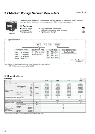 46
Type Designation
3.2 Medium Voltage Vacuum Contactors
CONTROL TYPE
SH
SHD
SHL
SHLD
AC operated
DC operated
AC & latched
DC & latched
SH – V
CONTACTOR TYPE
V
2XV
Non-reversing
Reversing
160
FRAME SIZE
160
320
400
6001
160A frame
320A frame
400A frame
600A frame
✽ AC200V
COIL DESIGNATION
See Table 3.3.3
Note: Mark ✽ indicates
a blank space.
Note: 1. Only AC operated non-reversing type is available for Frame size 600.
SH-V600 is not presently certified by CSA.
s Specifications
Ratings
Rated operating
current of
aux. contacts
Withstand current
for short time
Short circuit interrupting current
Conventional free air thermal current
Rated operating
capacity
Rated insulation voltage
Frame size
Three phase motor
category AC3
Resistance load rating category AC-1
for 10 milliseconds
for 2 seconds
Three phase
capacitor
Category
DC-13
240V
440V
660V
1,000V
1,500V
240V
440V
1,000V
1,500V
Ith
V
kW(A)
kVar(A)
A
A
A
A
A
kA
kA
V160
1,500
200
200
50(150)
100(150)
250(150)
350(150)
55(180)
110(180)
160(180)
225(160)
315(160)
4,000
4
1.2
0.2
33
1,500
90(320)
200(320)
315(320)
450(320)
700(320)
75(250)
150(250)
300(200)
500(200)
V320
350
350
1,500
115(400)
250(400)
400(400)
550(400)
800(400)
100(300)
200(300)
300(200)
500(200)
V400
450
450
1,500
160(630)
300(630)
600(600)
750(600)
1,000(600)
200(580)
400(580)
–
–
V600
750
750
5,040
6
240VAC
480VAC
660VAC
110VAC
220VAC
Category
AC-15
Note: A surge absorber is required for motors less than 5.5kW only.
Table 3.2.1
Series SH-V
The MITSUBISHI series SH-V contactors are specially designed for the areas of mining, pumping,
sawing and other applications where voltage above 1500VAC are frequently used.
s Features
Compact design
Lightweight
Long service life
Easy inspection & maintenance
Applications over a wide range of voltage
High insulation strength
SH-V160
5
3
3
 