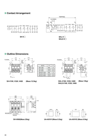 48
s Contact Arrangement
s Outline Dimensions
KEYS
SH-V160
SH-V320
SH-V400
SHL(D)-V160
SHL(D)-V320
SHL(D)-V400
N A
10
12.5
12.5
10
12.5
12.5
M8
M10
M10
M8
M10
M10
UA-AXVV1(Mass:0.2kg) UA-AXVV2 (Mass:0.5kg)SH-V600(Mass:22kg)
290
270
40
15
11
260
285
M16 BOLTS
4-f 9 MTG.
HOLES
225
219
175
2.3
43.5 29
49
49
100
160
121 28
N screws 190
210
210
210
AA
19010
210
181
4-f9
mtg
holes
25
2
N screws 190
210
80
210
21090
AA
19010
210
1814-f9
mtg
holes
25
2
SH-V
A2A1
54 84 7262
53 83 7161 31432113
324422142/T1 4/T2 6/T3
5/L33/L21/L1
CLOSING
TRIPPING
A2E2
E2 13
A1
55
55E1
56
32
3143
4422
21
2/T1 4/T2 6/T3
5/L33/L21/L171
72
13
1484
8361
62
53
54
(Mass:14kg)SHL-V160, V320, V400
SHLD-V160, V320, V400
SH-V160, V320, V400 (Mass:12.5kg)
SHL-V
SHLD-V
 