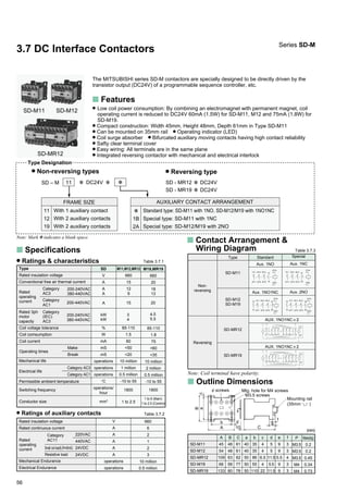 56
With 1 auxiliary contact
With 2 auxiliary contacts
With 2 auxiliary contacts
Type Designation
Standard type: SD-M11 with 1NO, SD-M12/M19 with 1NO1NC
Special type: SD-M11 with 1NC
Special type: SD-M12/M19 with 2NO
SD – M 11 ✽ DC24V ✽ SD - MR12 ✽ DC24V
SD - MR19 ✽ DC24V
✽
FRAME SIZE
11
12
19
✽
1B
2A
AUXILIARY CONTACT ARRANGEMENT
Note: Mark ✽ indicates a blank space.
s Specifications
Ratings & characteristics
Rated
operating
current
Category
AC3
200-240VAC
380-440VAC
Category
AC1
200-440VAC
Rated 3ph
motor
capacity
Category
(IEC)
AC3
Coil voltage tolerance
Coil comsumption
Coil current
Operating times
Make
Break
Mechanical life
Electrical life
Category AC3
Category AC1
Permissible ambient temperature
Switching frequency
SD
V
A
A
A
200-240VAC
380-440VAC
kW
kW
%
W
mA
mS
mS
operations
operations
operations
°C
M11,M12,MR12
660
15
12
9
3
4
1800
M19,MR19
660
20
18
13
A 2015
85-110
1.8
75
<60
<35
10 million
2 million
0.5 million
-10 to 55
85-110
1.5
60
<50
<20
10 million
1 million
0.5 million
-10 to 55
1800
1 to 6 (Main)
1 to 2.5 (Control)1 to 2.5
operations/
hour
mm2
Conductor size
Table 3.7.1
4.5
5.5
Ratings of auxiliary contacts
Rated insulation voltage
Rated continuous current
Rated
operating
current
Category
AC11
220VAC
440VAC
Small coil load(L/R=40mS)
Mechanical Endurance
Electrical Endurance
Resistive load 24VDC
24VDC
660
6
2
1
2
3
10 million
0.5 million
Table 3.7.2
V
A
A
A
A
A
operations
operations
s Contact Arrangement &
Wiring Diagram
Non-
reversing
Type
SD-MR19
SD-M11
SD-M12
SD-M19
SD-MR12
Standard Special
Aux. 2NOAux. 1NO1NC
Aux. 1NCAux. 1NO
Reversing
Note: Coil terminal have polarity.
(mm)
SD-M11
SD-M12
SD-MR12
SD-M19
SD-MR19
s Outline Dimensions
A
45
54
109
66
133
B
48
48
63
58
80
C
61
61
62
77
78
a
40
40
50
50
50
b
35
35
86
55
110
d
5
5
11.5
5.5
11.5
c
4
4
6.5
4
22
e
9
9
5.5
9
9
f
3
3
4
3
3
P
M3.5
M3.5
M3.5
M4
M4
Mass(kg)
0.2
0.2
0.45
0.34
0.73
SD-MR12
SD-M11 SD-M12
Non-reversing types Reversing type
13
146/T34/T22/T1 6/T34/T22/T1
(–)
(+)(+)(–)
21 13
1422
5/L33/L2 A1/a
(+)
A2/b
(–)
215/L33/L21/L1
22
A1/a
(+)
A2/b
(–)
2/T1 4/T2 6/T3
1/L1 3/L2 5/L3 13
14
A1/a
(+)
A2/b
(–)
6/T34/T22/T1
21
22
5/L33/L21/L1
A1/a
(+)
A2/b
(–)
2/T1 4/T2 6/T3
21
2214
13 1/L1 3/L2 5/L3
A1/a
(+)
A2/b
(–)
6/T34/T22/T1 24
235/L33/L21/L113
14
2/T1 4/T2 6/T32/T1 4/T2 6/T3
(–)
(–) (+) (+)
A1/a
(+)
A2/b
(–)
22 14
1321
3/L2 5/L3
2214
1/L1 3/L2 5/L3 13 21
f screws
A
b
B
ac
d
10 C
Mtg. hole for M4 screws
M3.5 screws
f
e
Mounting rail
(35mm )
AUX. 1NO1NC!2
AUX. 1NO1NC!2
Table 3.7.3
3.7 DC Interface Contactors
The MITSUBISHI series SD-M contactors are specially designed to be directly driven by the
transistor output (DC24V) of a programmable sequence controller, etc.
s Features
Low coil power consumption: By combining an electromagnet with permanent magnet, coil
operating current is reduced to DC24V 60mA (1.5W) for SD-M11, M12 and 75mA (1.8W) for
SD-M19.
Compact construction: Width 45mm, Height 48mm, Depth 61mm in Type SD-M11
Can be mounted on 35mm rail Operating indicator (LED)
Coil surge absorber Bifurcated auxiliary moving contacts having high contact reliability
Safty clear terminal cover
Easy wiring: All terminals are in the same plane
Integrated reversing contactor with mechanical and electrical interlock
Series SD-M
Type
Rated insulation voltage
Conventional free air thermal current
 