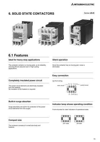 73
6. SOLID STATE CONTACTORS
Ideal for heavy duty applications
The contactor contains no moving parts, so its reliability
and long life are assured even in high cycling
applications.
Completely insulated power circuit
The power circuit elements are electricaly insulated
from the heatsink.
No insulation of the heatsink is required.
Built-in surge absorber
Surge absorbers are built-in for protection of the power
circuit elements from line surges.
Compact size
The contactor consists of a small size body and
heatsink.
Silent operation
Since the contactor has no moving part, noise is
eliminated.
Easy connection
Up-front wiring.
Indicator lamp shows operating condition
Front-mounted for clear indication of operational state.
6.1 Features
OFF state ON state
main circuit control circuit
R S C1(+)
C2(–)U V W
T
Series US-K
 