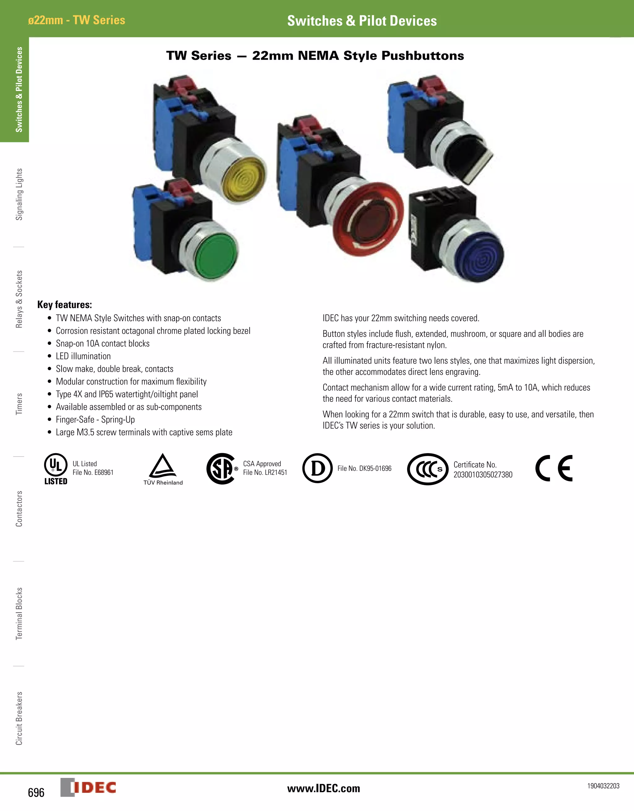 Catalog đèn báo nút nhấn công tắc IDEC (Nhật Bản) dòng TW PDF