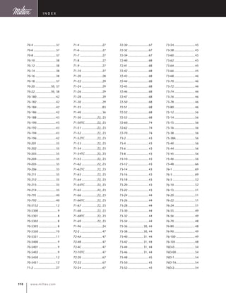 www.miltex.com110
I ndex
70-4...........................37
70-6...........................37
70-8...........................37
70-10.........................38
70-12.........................38
70-14.........................38
70-16.........................38
70-18.........................37
70-20...................30, 37
70-22...................30, 38
70-180.......................42
70-182.......................42
70-184.......................42
70-186.......................42
70-188.......................43
70-190.......................43
70-192.......................43
70-194.......................43
70-196.......................42
70-201.......................35
70-202.......................35
70-203.......................35
70-204.......................35
70-205.......................35
70-206.......................35
70-211.......................35
70-212.......................35
70-213.......................35
70-214.......................35
70-791.......................40
70-792.......................40
70-5152.....................12
70-5300.......................9
70-5301.......................8
70-5302.......................8
70-5303.......................8
70-5350.....................10
70-5351.....................11
70-5400.......................9
70-5401.......................9
70-5402.......................9
70-5450.....................12
70-5451.....................12
71-2...........................27
71-4...........................27
71-6...........................27
71-7...........................27
71-8...........................27
71-9...........................27
71-10.........................27
71-20.........................28
71-22.........................29
71-24.........................29
71-26.........................29
71-28.........................29
71-30.........................29
71-35.........................83
71-40.........................36
71-50...................22, 23
71-50TC...............22, 23
71-51...................22, 23
71-52...................22, 23
71-52TC...............22, 23
71-53...................22, 23
71-54...................22, 23
71-54TC...............22, 23
71-55...................22, 23
71-62...................22, 23
71-62TC...............22, 23
71-63...................22, 23
71-64...................22, 23
71-64TC...............22, 23
71-65...................22, 23
71-66...................22, 23
71-66TC...............22, 23
71-67...................22, 23
71-68...................22, 23
71-68TC...............22, 23
71-69...................22, 23
71-96.........................24
72-2...........................47
72-4A.........................47
72-4B.........................47
72-4C.........................47
72-10TC.....................47
72-20.........................67
72-22.........................67
72-24.........................67
72-30.........................67
72-32.........................67
72-34.........................67
72-40.........................68
72-41.........................68
72-42.........................68
72-43.........................68
72-44.........................68
72-45.........................68
72-46.........................68
72-47.........................68
72-50.........................68
72-51.........................68
72-52.........................68
72-53.........................68
72-60.........................74
72-62.........................74
72-70.........................74
73-2...........................43
73-4...........................43
73-6...........................43
73-8...........................43
73-10.........................43
73-12.........................43
73-14.........................43
73-16.........................43
73-18.........................43
73-20.........................43
73-22.........................43
73-24.........................44
73-26.........................44
73-28.........................44
73-30.........................44
73-32.........................44
73-34.........................44
73-36...................30, 44
73-38...................30, 44
73-40...................31. 44
73-42...................31, 44
73-44...................31, 44
73-46...................31, 44
73-48.........................45
73-50.........................45
73-52.........................45
73-54.........................45
73-58.........................45
73-60.........................45
73-62.........................45
73-64.........................45
73-66.........................45
73-68.........................46
73-70.........................46
73-72.........................46
73-74.........................46
73-76.........................46
73-78.........................46
73-80.........................46
75-12.........................56
75-14.........................56
75-15.........................56
75-16.........................56
75-38.........................56
75-38A.......................56
75-40.........................56
75-44.........................56
75-45.........................56
75-46.........................56
75-48.........................66
76-1...........................69
76-3...........................69
76-5...........................52
76-10.........................52
76-15.........................51
76-20.........................51
76-22.........................51
76-24.........................51
76-55.........................49
76-56.........................49
76-70.........................48
76-80.........................48
76-90.........................49
76-100.......................49
76-105.......................48
76D-0.........................54
76D-00.......................54
76D-1.........................54
76D-1A.......................54
76D-2.........................54
 