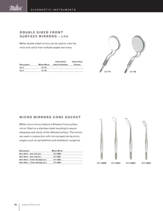 www.miltex.com16
D iagnostic I nstruments
double Sided front
surface mirrors – 6/pk
Miltex double sided mirrors can be used to view the
intra-oral cavity from multiple angles and views.
		 Indian Head	 Indian Head
Description	 Miltex Mirror	 Electro-Polished	Chrome
Size 4	 67-719	 -	 -
Size 5	 67-720	 -	 -
67-719
micro mirroRs cone socket
Miltex micro mirrors feature a Rhodium front surface
mirror fitted on a stainless steel mounting to assure
sharpness and clarity of the reflected surface. The mirrors
are used in conjunction with microscopes during micro
surgery such as periodontitis and endodontic surgeries.
017-24800
67-720
017-24801 017-24802 017-24803
Description	 Miltex Mirror
Micro Mirror - 3mm, Oval (ea.)	 017-24800
Micro Mirror - 5mm, Oval (ea.)	 017-24801
Micro Mirror - 9/3mm, Rectangle (ea.)	 017-24802
Micro Mirror - 7/2mm, Rectangle (ea.)	 017-24803
 