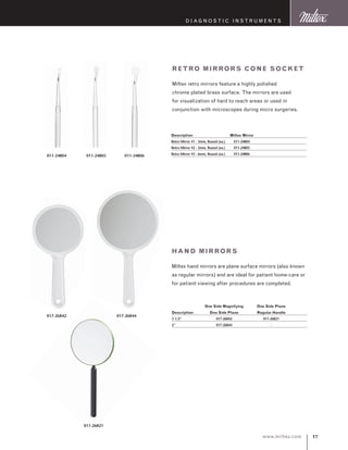 17www.miltex.com
D iagnostic I nstruments
	One Side Magnifying	One Side Plane
Description	One Side Plane	Regular Handle
3 1/2”	 017-26842	 011-26821
5”	 017-26844	 -
hand mirrors
Miltex hand mirrors are plane surface mirrors (also known
as regular mirrors) and are ideal for patient home-care or
for patient viewing after procedures are completed.
017-26844
011-26821
017-26842
Retro Mirrors Cone Socket
Miltex retro mirrors feature a highly polished
chrome plated brass surface. The mirrors are used
for visualization of hard to reach areas or used in
conjunction with microscopes during micro surgeries.
011-24805 011-24806011-24804
Description	 Miltex Mirror
Retro Mirror #1 - 3mm, Round (ea.)	 011-24804
Retro Mirror #2 - 5mm, Round (ea.)	 011-24805
Retro Mirror #3 - 6mm, Round (ea.)	 011-24806
 
