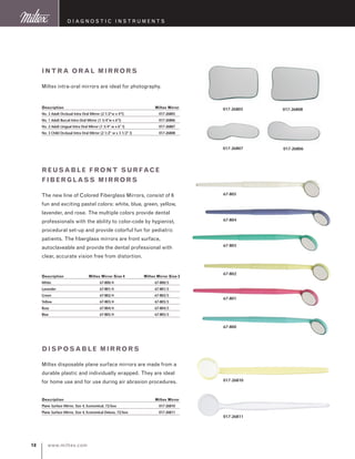 www.miltex.com18
D iagnostic I nstruments
Description	 Miltex Mirror
No. 3 Adult Occlusal Intra Oral Mirror (2 1/2”w x 4”l)	 017-26805
No. 1 Adult Buccal Intra Oral Mirror (1 3/4”w x 6”l)	 017-26806
No. 2 Adult Lingual Intra Oral Mirror (1 3/4” w x 6” l)	 017-26807
No. 3 Child Occlusal Intra Oral Mirror (2 1/2” w x 3 1/2” l)	 017-26808
intra oral mirrors
Miltex intra-oral mirrors are ideal for photography.
017-26805
017-26806017-26807
017-26808
Description	 Miltex Mirror
Plane Surface Mirror, Size 4, Economical, 72/box	 017-26810
Plane Surface Mirror, Size 4, Economical Deluxe, 72/box 	 017-26811
disposable mirrors
Miltex disposable plane surface mirrors are made from a
durable plastic and individually wrapped. They are ideal
for home use and for use during air abrasion procedures. 017-26810
017-26811
Description	 Miltex Mirror Size 4	 Miltex Mirror Size 5
White	 67-800/4	 67-800/5
Lavender	 67-801/4	 67-801/5
Green	 67-802/4	 67-802/5
Yellow	 67-803/4	 67-803/5
Rose	 67-804/4	 67-804/5
Blue	 67-805/4	 67-805/5
Reusable Front Surface
Fiberglass Mirrors
The new line of Colored Fiberglass Mirrors, consist of 6
fun and exciting pastel colors: white, blue, green, yellow,
lavender, and rose. The multiple colors provide dental
professionals with the ability to color-code by hygienist,
procedural set-up and provide colorful fun for pediatric
patients. The fiberglass mirrors are front surface,
autoclaveable and provide the dental professional with
clear, accurate vision free from distortion.
67-805
67-804
67-803
67-802
67-801
67-800
 