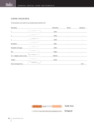 www.miltex.com36
Description	Tactile Tone	Round	Octagonal
1	 TNPA1	 -	 -
2	 TNPA2	 -	 --
3	 TNPA3	 -	 --
Bloomfield 1	 TNBL1	 -	 --
Bloomfield 2 (off angle)	 TNBL2	 -	 -
BN1	 TNBN1	 -	 --
CSI - 1 (slightly serrated on ends)	 TNPACSI1	 -	 -
GUYER 7	 TNGU7	 -	 -
Retr Cord Packg D/E Serr	 -	 -	 71-40
Cord Packers
Cord packers are used to accurately place dental cord.
G eneral D ental H and I nstruments
Tactile Tone
Octagonal
 
