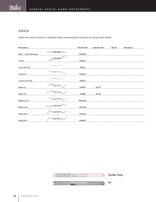www.miltex.com40
#6
Tactile Tone
hoes
Hoes are used to loosen or dislodge heavy supramarginal calculus by using a pull stroke.
G eneral D ental H and I nstruments
Description	Tactile Tone	 Stainless #6	Round	Octagonal
.8mm - 1.2mm Mon-Ang	 THHO812	 -	 -	 -	
1.2mm	 THHO12	 -	 -	 -	
1mm (10-8-16)	 THHO1	 -	 -	 -	
1mm GTX	 THHO1X	 -	 -	 -	
1.3mm (13-10-16)	 THHO13	 -	 -	 -	
Orban 6-7	 TPOR67	 70-791	 -	 -	
Orban 8-9	 TPOR89	 70-792	 -	 -	
Rhodes 36-37	 TKRH3637	 -	 -	 -	
UWH 16-18	 TPH1618	 -	 -	 -	
UWH 18-19	 TPH1819	 -	 -	 -	
UWH 20-21	 TPH2021	 -	 -	 -	
 