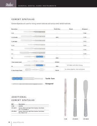 www.miltex.com46
Description	Tactile Tone	Round	Octagonal
C-22	 -	 -	 73-68
C-24 Flexible	 UB24	 -	 73-70
C-24A Rigid	 -	 -	 73-72
C-313	 -	 -	 73-74
C-5	 -	 -	 73-76
C-7	 -	 -	 73-78
A6	 UBA6	 -	 -	
7 Wax Double Ended	 TB7WAX	 -	 -	
26	 UB26	 	 	
31 Wax Double Ended	 TB31W
Cement Spatulas
Cement Spatulas are used for mixing cement materials and various other dental materials.
G eneral D ental H and I nstruments
Tactile Tone
Octagonal
REF	 Description
73-80	 AGATHE
578-38610	 Spatula, Metal with High Polish Stainless Steel Blade, 	
	 No. 2 1/2 Straight 4”
578-38630	 Spatula, Metal with High Polish Stainless Steel Blade, 	
	 No. 3 Flare 3 1/2”
73-80 578-38610 578-38630
Additional
Cement Spatulas
For rubber and silicon mixing
For mixing alginate, stone and plaster
 