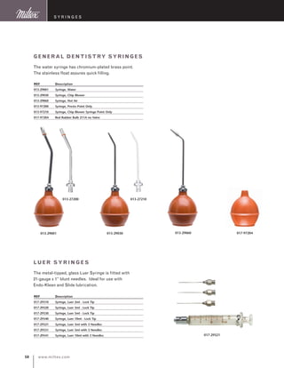 www.miltex.com50
S y ringes
General Dentistry syringes
The water syringe has chromium-plated brass point.
The stainless float assures quick filling.
REF	 Description
013-29001	 Syringe, Water
013-29030	 Syringe, Chip Blower
013-29060	 Syringe, Hot Air
013-97200	 Syringe, Presto Point Only
013-97210	 Syringe, Chip Blower Syringe Point Only
017-97204	 Red Rubber Bulb 211A no Valve
013-29060013-29030013-29001
013-27200
017-97204
013-27210
Luer syri nges
The metal-tipped, glass Luer Syringe is fitted with
21-gauge x 1” blunt needles. Ideal for use with
Endo-Klean and Slide lubrication.
REF	 Description
017-29310	 Syringe, Luer 2ml - Lock Tip
017-29320	 Syringe, Luer 3ml - Lock Tip
017-29330	 Syringe, Luer 5ml - Lock Tip
017-29340	 Syringe, Luer 10ml - Lock Tip
017-29321	 Syringe, Luer 3ml with 3 Needles
017-29331	 Syringe, Luer 5ml with 3 Needles
017-29341	 Syringe, Luer 10ml with 3 Needles 017-29321
 