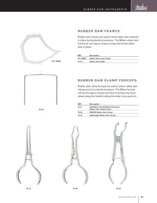 51www.miltex.com
R ubber D am I nstruments
Ru bbe r Dam Fr ames
Rubber dam frames are used to hold rubber dam material
in place during dental procedures. The Miltex rubber dam
frames do not require straps to keep the frame/rubber
dam in place.
REF	 Description
017-30600	 Rubber Dam Frame, Plastic
76-24	 Rubber Dam Holder
76-24
017-30600
Ru bbe r Dam Clamp Forc eps
Rubber dam clamp forceps are used to place rubber dam
clamps prior to a dental procedure. The Miltex forceps
will quickly place clamps and have a locking ring which
slides along the handle holding the beak in any position.
REF	 Description
76-15	 UNIVERSITY OF WASHINGTON Pattern 	
	 Rubber Dam Clamp Forceps
76-20	 BREWER Rubber Dam Forceps
76-22	 Lightweight Rubber Dam Forceps
76-2276-2076-15
 