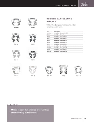 55www.miltex.com
Ru bbe r Dam Clamps –
Mo la rs
Rubber Dam Clamps are tooth specific and are
sometimes used in pairs.
REF	 Description
76D-W8A	 Dental Dam Clamp style W8A
76D-8A	 Dental Dam Clamp 8A
76D-10	 Dental Dam Clamp style 10
76D-11	 Dental Dam Clamp style 11
76D-14	 Dental Dam Clamp style 14
76D-18	 Dental Dam Clamp style 18
76D-24	 Dental Dam Clamp style 24
76D-25	 Dental Dam Clamp style 25
76D-27N	 Dental Dam Clamp style 27N
76D-56	 Dental Dam Clamp style 56
76D-14A	 Dental Dam Clamp style 14A
76D-W8A 76D-8A
76D-10 76D-11
76D-14 76D-18
76D-2576D-24 76D-5676D-27N 76D-14A
R U B B E R D A M C L A M P S
Miltex rubber dam clamps are stainless
steel and fully autoclavable.
f ac t
 