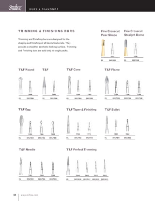 www.miltex.com60
TRIMMING  FI NISHING b ur s
Trimming and Finishing burs are designed for the
shaping and finishing of all dental materials. They
provide a smoother aesthetic looking surface. Trimming
and Finishing burs are sold only in single packs.
Fine Crosscut
Pear Shape
	 1931
FG	 DFG1931
Fine Crosscut
Straight Dome
	 1958
FG	 DFG1958
TF Round
	 7006
FG	 DFG7006
	 7104	 7106	 7108
FG	 DFG7104	 DFG7106	 DFG7108
TF FlameTF
	 7606
FG	 DFG7606
TF Cone
	 7204	 7205
FG	 DFG7204	 DFG7205
	 7404	 7406	 7408
FG	 DFG7404	 DFG7406	 DFG7408
TF Egg TFTaper  Finishing
	 7702	 7713
FG	 DFG7702	 DFG7713
TF Bullet
	 7801	 7802
FG	 DFG7801	 DFG7802
	 7901	 7902	 7903
FG	 DFG7901	 DFG7902	 DFG7903
TF Needle
	 7610	 7611	 7612	 7613
FG	 DFG7610	 DFG7611	 DFG7612	 DFG7613
TF PerfectTrimming
B urs  D iamonds
 