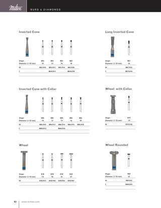 www.miltex.com62
Inverted Cone
Shape	 805	 805	 805	 805	
Diameter (1/10 mm)	 10	 12	 16	 18
M	 805/010	 805/012	 805/016	 805/018
C	 -	 805G015	 -	 805G018
Inverted Cone with Collar
Shape	 806	 806	 806	 806	 806	
Diameter (1/10 mm)	 10	 12	 14	 16	 18
M	 806/010	 806/012	 806/014	 806/016	 806/018
C	 806G012	 -	 806G016	 -	 -
Wheel
Shape	 818	 818	 818	 818	
Diameter (1/10 mm)	 14	 18	 35	 47
M	 818/014	 818/018	 818/035	 818/047
B U R S  D I A M O N D S
Long Inverted Cone
Shape	 807	
Diameter (1/10 mm)	 16
M	 807/016
C	 807G016
Wheel with Collar
Shape	 819	
Diameter (1/10 mm)	 14
M	 819/018
Wheel Rounded
Shape	 909	
Diameter (1/10 mm)	 35
M	 909/035
C	 909G035
 