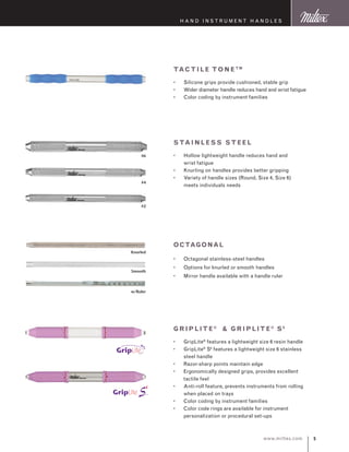 www.miltex.com
H and I nstrument handles
tact ile tone TM
Silicone grips provide cushioned, stable grip
Wider diameter handle reduces hand and wrist fatigue
Color coding by instrument families
•
•
•
stai nless st eel
Hollow lightweight handle reduces hand and
wrist fatigue
Knurling on handles provides better gripping
Variety of handle sizes (Round, Size 4, Size 6)
meets individuals needs
•
•
•
Octagonal
Octagonal stainless-steel handles
Options for knurled or smooth handles
Mirror handle available with a handle ruler
•
•
•
#6
#4
#2
Knurled
Smooth
w/Ruler
PMS 294 PMS 186 PMS 284
Gr iplite ®
 Gr iplit e ®
s6
GripLite®
features a lightweight size 6 resin handle
GripLite®
S6
features a lightweight size 6 stainless
steel handle
Razor-sharp points maintain edge
Ergonomically designed grips, provides excellent
tactile feel
Anti-roll feature, prevents instruments from rolling
when placed on trays
Color coding by instrument families
Color code rings are available for instrument
personalization or procedural set-ups
•
•
•
•
•
•
•
 