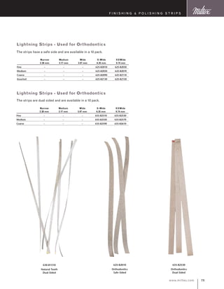 71www.miltex.com
	Narrow	 Medium	 Wide	X-Wide	XXWide
	 2.38 mm	 3.17 mm	 3.97 mm	 6.35 mm	 9.74 mm
Fine	 – 	 – 	 – 	 625-82010	 625-82030
Medium	 – 	 – 	 – 	 625-82050	 625-82070
Coarse	 – 	 – 	 – 	 625-82090	 625-82110
Assorted	 – 	 – 	 – 	 625-82130	 625-82150
Lightning Strips - Used for Orthodontics
	Narrow	 Medium	 Wide	X-Wide	XXWide
	 2.38 mm	 3.17 mm	 3.97 mm	 6.35 mm	 9.74 mm
Fine	 – 	 – 	 – 	 635-82510	 635-82530
Medium	 – 	 – 	 – 	 635-82550	 635-82570
Coarse	 – 	 – 	 – 	 635-82590	 635-82610
Lightning Strips - Used for Orthodontics
F inishing  P olishing S trips
625-82010
Orthodontics	
Safe-Sided
635-82530
Orthodontics 	
Dual-Sided
630-81510
Natural Teeth 	
Dual-Sided
The strips have a safe side and are available in a 10 pack.
The strips are dual sided and are available in a 10 pack.
 