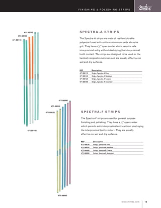 73www.miltex.com
F inishing  P olishing S trips
Spe ctr a-A Str ips
The Spectra-A strips are made of resilient durable
polyester fused with uniform aluminum oxide abrasive
grit. They have a ½” open center which permits safe
interproximal entry without destroying the interproximal
tooth contact. The strips are designed to be used on the
hardest composite materials and are equally effective on
wet and dry surfaces.
REF	 Description
471-88110	 Strips, Spectra-A Fine
471-88140	 Strips, Spectra-A Medium
471-88160	 Strips, Spectra-A Coarse
471-88100	 Strips, Spectra-A Assorted
471-88100
471-88110
471-88140
471-88160
Spe ctr a-F Str ips
The Spectra-F strips are used for general purpose
finishing and polishing. They have a ½” open center
which permits safe interproximal entry without destroying
the interproximal tooth contact. They are equally
effective on wet and dry surfaces.
REF	 Description
471-88020	 Strips, Spectra-F Fine
471-88050	 Strips, Spectra-F Medium
471-88080	 Strips, Spectra-F Coarse
471-88000	 Strips, Spectra-F Assorted
471-88000
471-88020
471-88050
471-88080
 