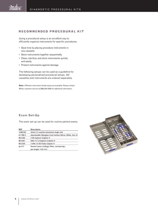 www.miltex.com
recommended procedural kit
REF	 Description
3-083105	 Series 5-5 cassette instrument single rack
67-700/5	 Autoclavable Fiberglass Front Surface Mirror, White, Size #5
80-5302	 5 DE Explorer GripLite S6
80-5301	 ODU 11/12 Explorer GripLite S6
80-5350	 1-UNC-15 DE Probe GripLite S6
66-317	 Dental Cotton (College) Pliers, serrated tips, 	
	 jaw length: 14.0-14.5
Exam Set-Up
The exam set-up can be used for routine patient exams.
Using a procedural setup is an excellent way to
efficiently organize instruments for specific procedures.
•	Save time by placing procedure instruments in
one cassette.
•	Store instruments together sequentially.
•	Clean, sterilize, and store instruments quickly
and easily.
•	Protect instruments against damage.
The following setups can be used as a guideline for
developing personalized procedural setups. All
cassettes and instruments are ordered separately.
Note: Different instrument handle styles are available. Please contact
Miltex customer service at (866) 854-8300 for additional information.
diagnostic P rocedural K its
 