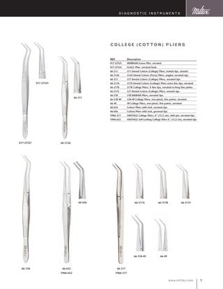 www.miltex.com
D iagnostic I nstruments
co llege (cotton) plie r s
REF	 Description
017-27521	 MERRIAM Econo Plier, serrated
017-27541	 FLAGG Plier, serrated beak
66-311	 311 Dental Cotton (College) Pliers, forked tips, smooth
66-312A	 312A Dental Cotton (Perry) Pliers, angled, serrated tips
66-317	 317 Dental Cotton (College) Pliers, serrated tips
66-317A	 317A Dental Cotton (College) Pliers extra fine tips, serrated
66-317B	 317B College Pliers, X-fine tips, serrated w/long fine points
66-317S	 317 Dental Cotton (College) Pliers, smooth tips
66-318	 318 MERIAM Pliers, serrated tips
66-318-49	 318-49 College Pliers, non-pinch, fine points, serrated
66-49	 49 College Pliers, non-pinch, fine points, serrated
66-652	 Cotton Pliers with lock, serrated tips
66-656	 Cotton Pliers with lock, grooved tips
V966-317	 VANTAGE College Pliers, 6” (15.2 cm), with pin, serrated tips
V966-652	 VANTAGE Self-Locking College Pliers 6” (15.2 cm), serrated tips
66-318
66-656
66-652
V966-652
017-27521
017-27541
66-311
66-312A
66-317A 66-317B 66-317S
66-318-49 66-49
66-317
V966-317
 