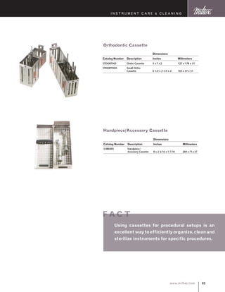 93www.miltex.com
I N S T R U M E N T C A R E  C L E A N I N G
Orthodontic Cassette
Handpiece/Accessory Cassette
		 Dimensions
Catalog Number 	 Description 	 Inches 	 Millimeters
STDORTHO 	 Ortho Cassette	 5 x 7 x2 	 127 x 178 x 51
STDORTHOS 	 Small Ortho 	
	 Cassette	 6 1/2 x 2 1/4 x 2 	 165 x 57 x 51
		 Dimensions
Catalog Number 	 Description 	 Inches		 Millimeters
3-080205 	 Handpiece/	
	 Accessory Cassette	 8 x 2 3/16 x 1 7/16 	 	 204 x 71 x 37
Using cassettes for procedural setups is an
excellent waytoefficientlyorganize,cleanand
sterilize instruments for specific procedures.
f ac t
 