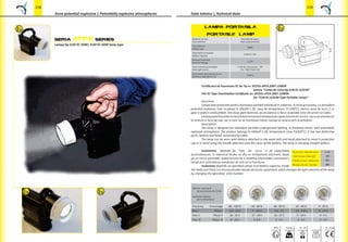 seria ATEX series
159
CE -mark
Descriere
depinde de faza de lucru si de capacitatea
45,50
85,00
75,00
Ø
6
5
,0
0
52,00
IP - 54
LAMPA PORTABILA
PORTABLE LAMP
Material carcasa
Case material
Policarbonat negru
Tipul bateriei
NiMH
Capacitate acumulator
Tensiune nominala
Sursa luminoasa principala
Faza de lucru |
I
II
III All LEDs
Indicator autonomie
Procentaj Procentage
Faza I
Faza II
Faza III
 